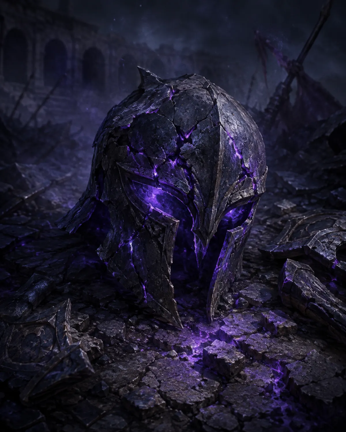 Cracked gladiator helm glowing violet on a shattered arena floor