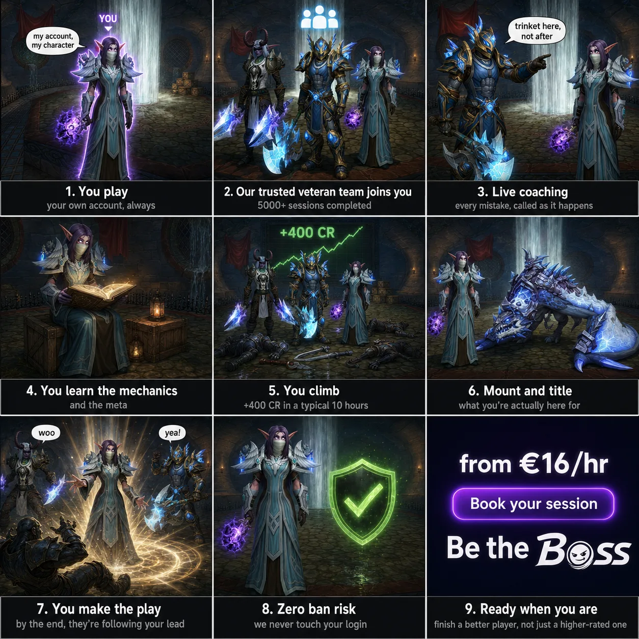 Nine panels: you play your own account; our team joins you; live coaching called as it happens; you learn the mechanics and the meta; you climb; mount and title; you make the play; we never touch your login; and where to book.